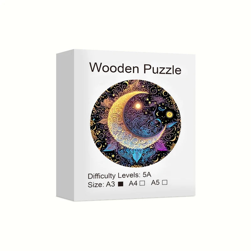 Sun Moon Wooden Jigsaw Puzzles Art Unique Animal Shaped Pieces Stress Relieve Toys, DIY Leisure Game for Family, Home Decor