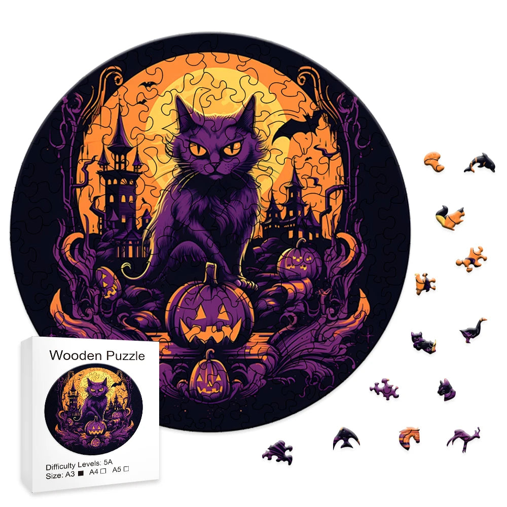 Halloween Bat Pumpkin Theme Wooden Jigsaw Puzzles, Unique Animals Shaped Wood Puzzles, Diy Leisure Game Fun Toys Halloween Gift