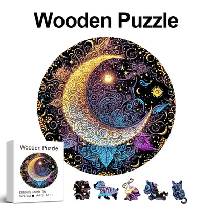 Sun Moon Wooden Jigsaw Puzzles Art Unique Animal Shaped Pieces Stress Relieve Toys, DIY Leisure Game for Family, Home Decor