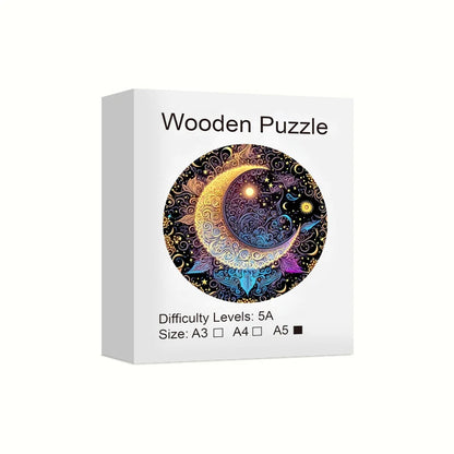 Sun Moon Wooden Jigsaw Puzzles Art Unique Animal Shaped Pieces Stress Relieve Toys, DIY Leisure Game for Family, Home Decor