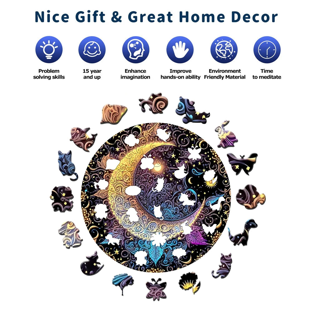 Sun Moon Wooden Jigsaw Puzzles Art Unique Animal Shaped Pieces Stress Relieve Toys, DIY Leisure Game for Family, Home Decor