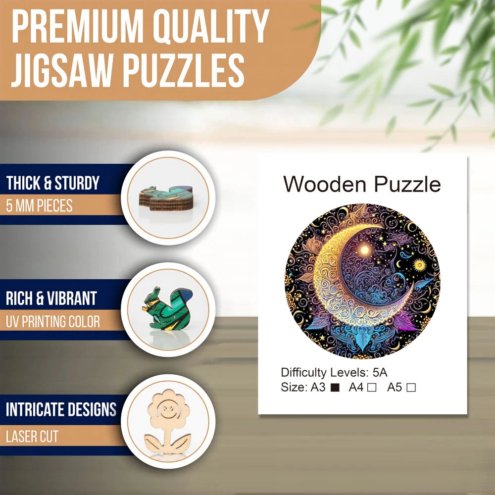 Sun Moon Wooden Jigsaw Puzzles Art Unique Animal Shaped Pieces Stress Relieve Toys, DIY Leisure Game for Family, Home Decor