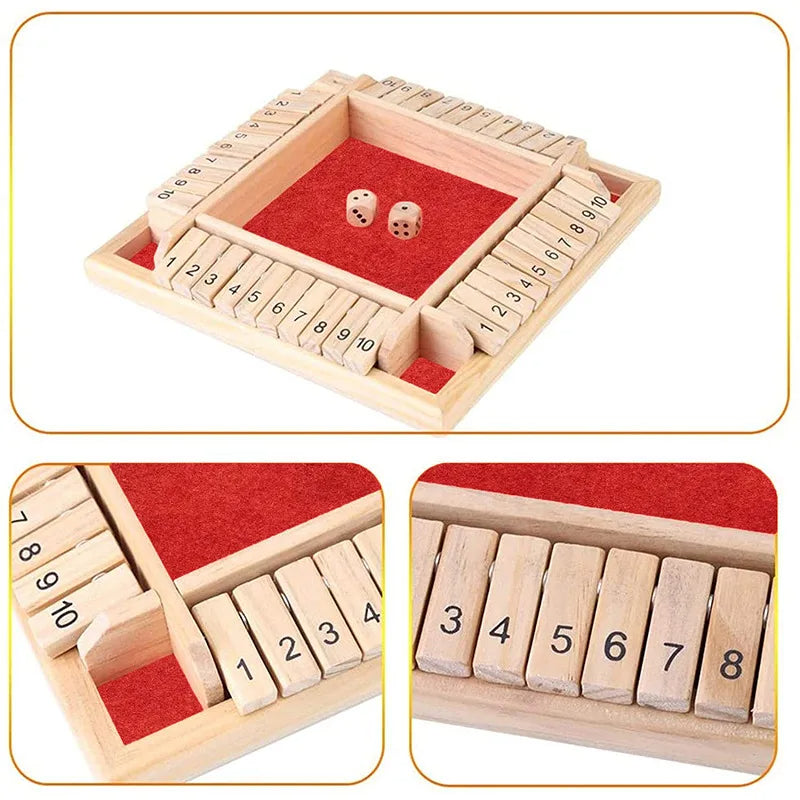 Deluxe Four Sided 10 Numbers Shut The Box Board Game Set Dice Party Club Drinking Games for Adults Families