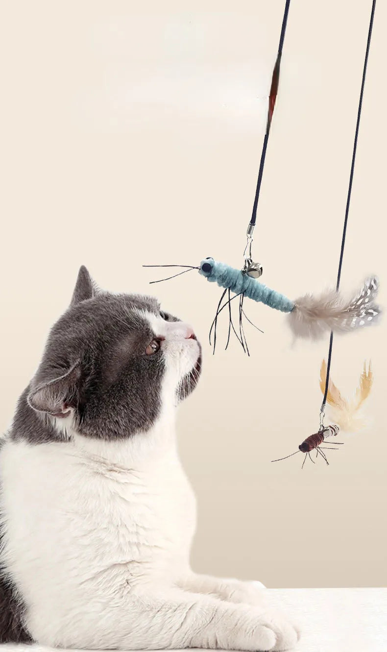 Dr.DC Steel Wire Teasing Cat Stick Long insect butterfly Ball Feather with Bell Pet Toys Interactive Funny Cat Toy Wand