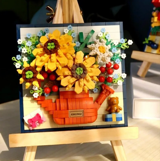 Flower Blocks Building Bouquet with Easel Home Decoration 3D Model Sunflower Bouquet Rose Brick Toy Plant Potted DIY Potted Gift