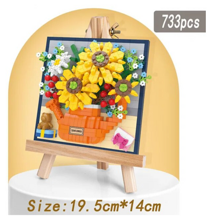 Flower Blocks Building Bouquet with Easel Home Decoration 3D Model Sunflower Bouquet Rose Brick Toy Plant Potted DIY Potted Gift