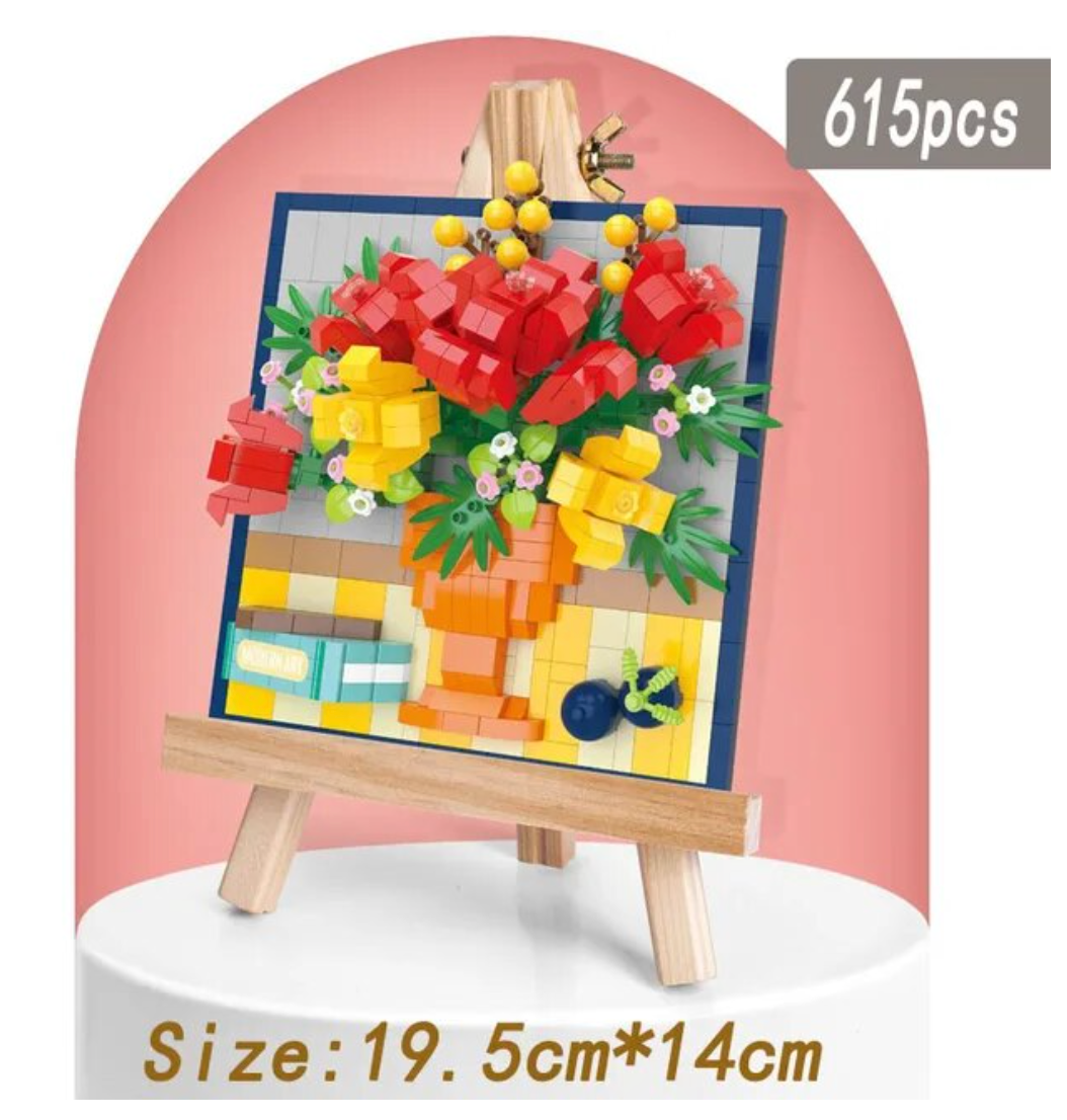 Flower Blocks Building Bouquet with Easel Home Decoration 3D Model Sunflower Bouquet Rose Brick Toy Plant Potted DIY Potted Gift