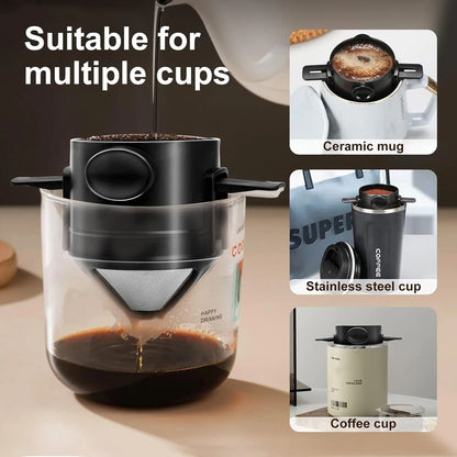 New Folding Hand Brewed Coffee Filter Coffee Dripper Cone for Drip Coffee and Tea with Stainless Steel Holder No Filter Paper